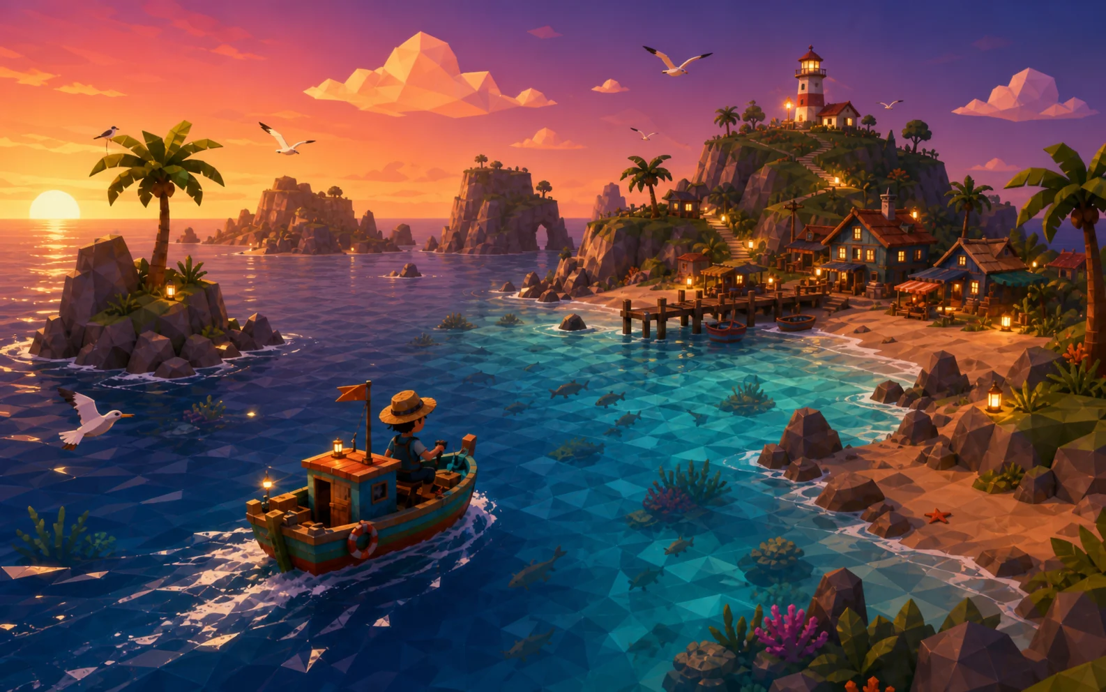 A small low-poly fishing boat returning to a glowing island at sunset / 夕阳下驶向灯火海岛的小型低多边形渔船概念场景